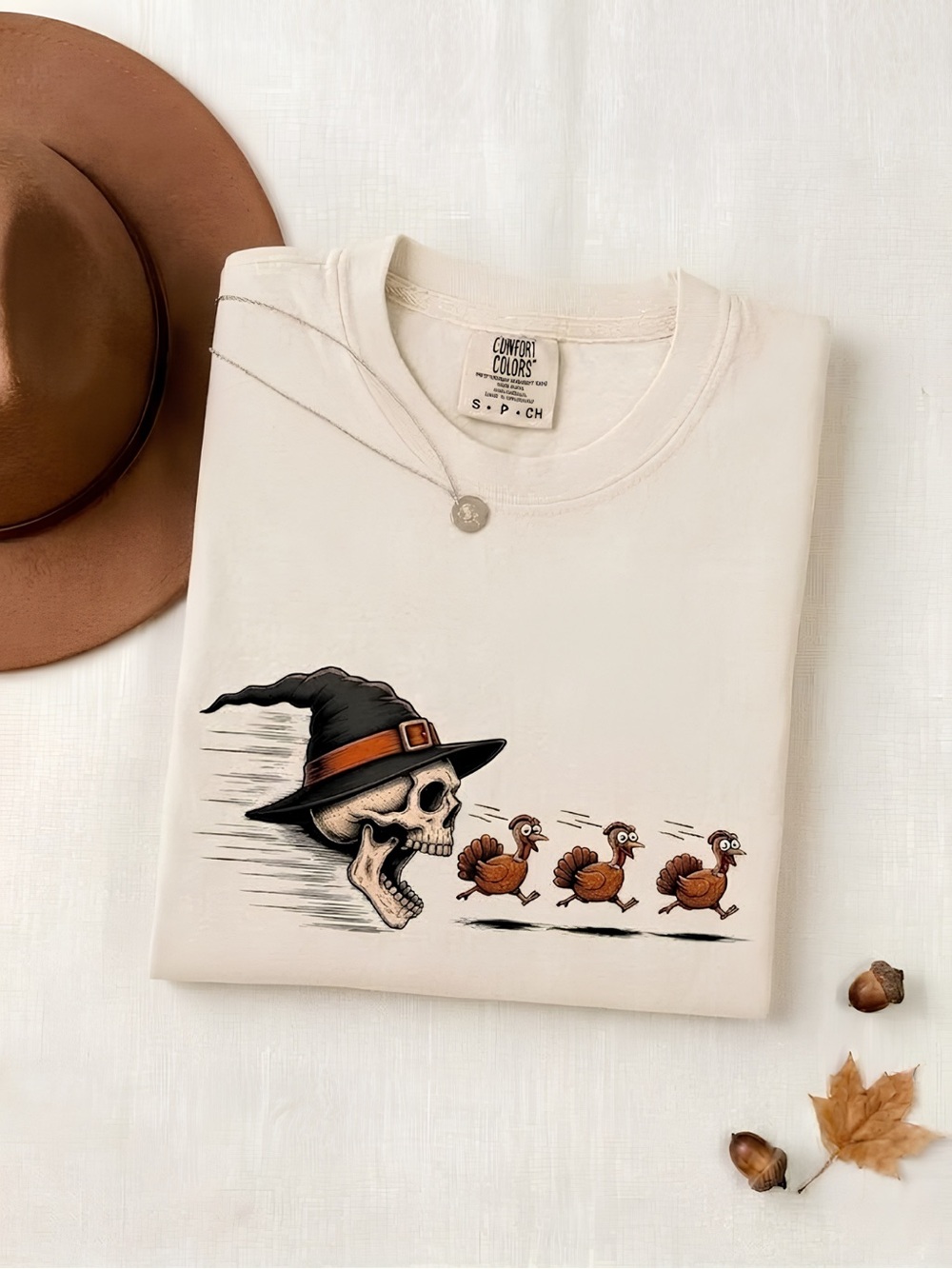 Comfort Colors Ivory Halloween Skull & Running Turkeys Tee